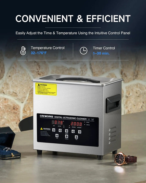 No Sweat Digital Ultrasonic Cleaner With Ample 3L Tank and Degas Plus Gentle Modes on display with jewelry and watch.