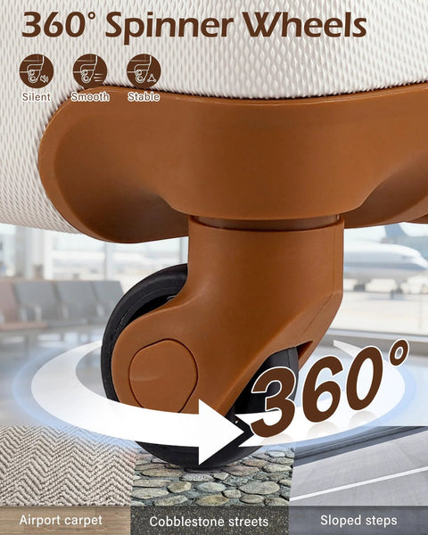 Long Vacation 6-piece luggage set wheel close-up, beige-brown ABS+PC hardshell with spinner wheels