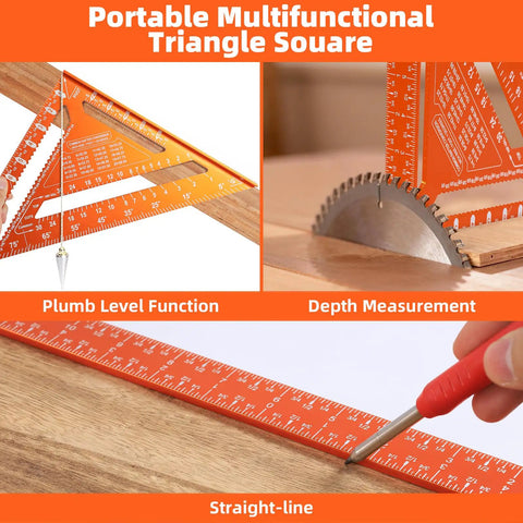 Rock Solid 2 Piece Rafter Square Set Featuring 12 Inch And 7 Inch Carpenter Squares Heavy Duty Aluminum Layout Tools with plumb level and depth measurement.