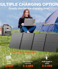Heavy Duty 296Wh Portable Power Station with 13 Output Ports in use, charging laptop outdoors while camping.