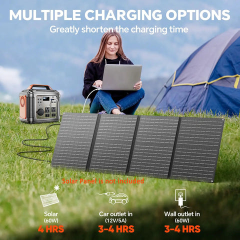 Heavy Duty 296Wh Portable Power Station with 13 Output Ports in use, charging laptop outdoors while camping.
