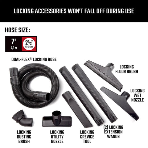 Heavy Duty Wet Dry Vac Pro Attachment Kit For Two And A Half Inch Hoses With Seven Foot Dual Flex Hose Industrial Grade Shop Vacuum Accessories For Big Cleanups And Tough Projects showing hose and attachments