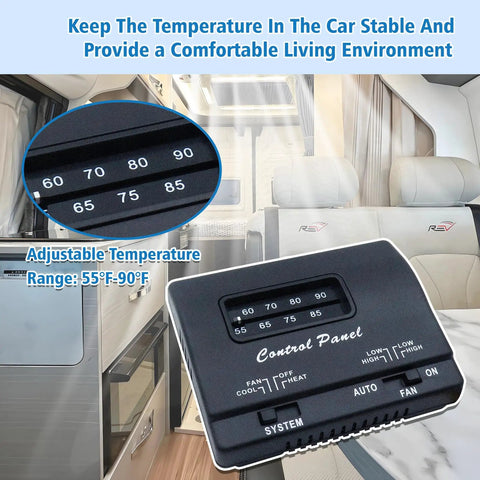 RV Thermostat Replacement 7330F3852 control panel display, adjustable temperature range 55°F-90°F, shown in modern RV interior