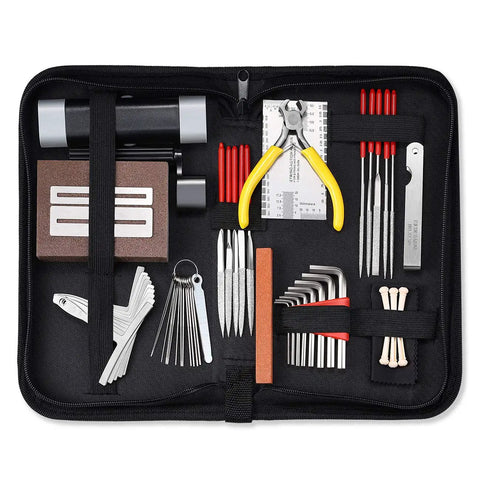 Gig Ready Pro Grade All In One Guitar Repair Tool Kit 45 Pcs Set with Carry Bag showing tools like pliers and wrenches inside case