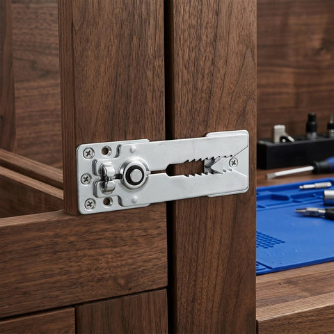 Heavy Duty Stainless Steel Sectional Couch Connectors With Rock Solid Grip And Anti Slip Design attached to wooden frame for secure fitting.