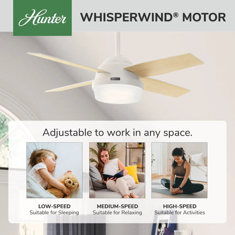44 Inch Indoor Ceiling Fan With LED Light And Remote, white modern ceiling fan with four blades for bedroom versatility.
