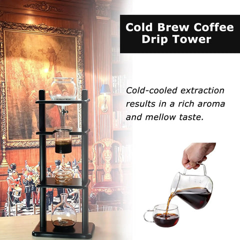Large Capacity Cold Brew Coffee Maker Tower With 1000ml Vertical Glass Carafe And Solid Wood Stand in an elegant setting.