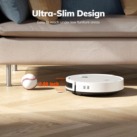 V2 Robot Vacuum Cleaner With Tangle Free Suction And Ultra Slim Two Point Nine Nine Inch Profile 120 Minute Runtime under sofa