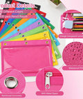 Colorful 50 Pack Pencil Pouches With Clear Window For 3 Ring Binders; various colors, reinforced grommets, metal zippers, PVC material.