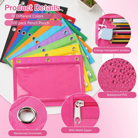 Colorful 50 Pack Pencil Pouches With Clear Window For 3 Ring Binders; various colors, reinforced grommets, metal zippers, PVC material.