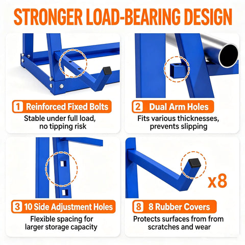Diagram of Beefy Heavy Duty Horizontal Lumber Storage Rack showing reinforced bolts, dual arm holes, adjustment holes, and rubber covers.