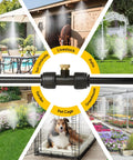 Outdoor Patio Garden Misting System With 50 Ft Line And 17 Nozzles Preassembled Misters Water Filter Brass Adapter For Three Quarter Inch Hose Ideal For Patio Greenhouse And Yard Cooling, shown in various settings like patio, garden, pet cage, greenhouse.
