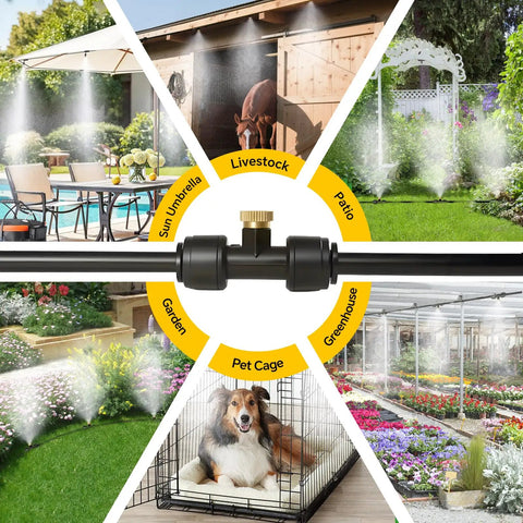 Outdoor Patio Garden Misting System With 50 Ft Line And 17 Nozzles Preassembled Misters Water Filter Brass Adapter For Three Quarter Inch Hose Ideal For Patio Greenhouse And Yard Cooling, shown in various settings like patio, garden, pet cage, greenhouse.