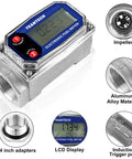 Turbine Flow Meter Three Quarters Inch Digital LCD Display With NPT Connection, showing LCD screen, aluminum body, and adapters
