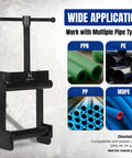 Image of Heavy Duty Pipe Squeeze Off Tool For Plastic Tubing 0.63 To 2.5 Inches 16 To 63 Millimeters Hand Clamp For MDPE PE PEX Water Main Lines Instantly Stops And Isolates Flow Like A Pro with examples of compatible plastic pipes PPR, PE, PP, and MDPE.