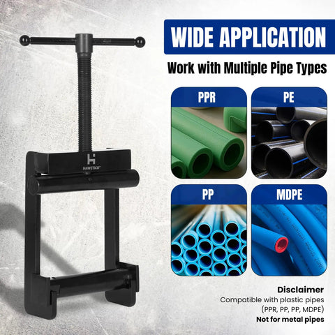Image of Heavy Duty Pipe Squeeze Off Tool For Plastic Tubing 0.63 To 2.5 Inches 16 To 63 Millimeters Hand Clamp For MDPE PE PEX Water Main Lines Instantly Stops And Isolates Flow Like A Pro with examples of compatible plastic pipes PPR, PE, PP, and MDPE.