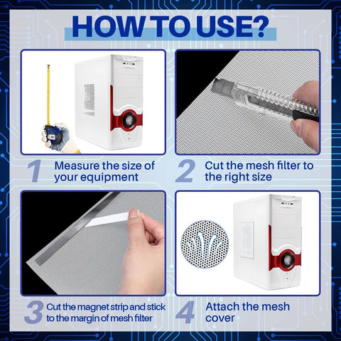 Step-by-step guide to installing DIY PC Case Dust Filter Kit 39.37 x 11.81 Inches with magnetic PVC dustproof cover.