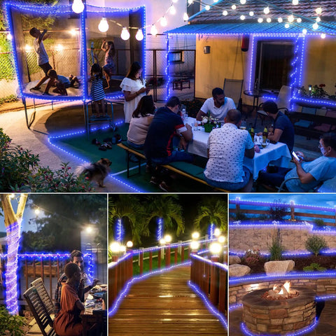 Solar Rope Lights Outdoor Waterproof, 39.37 Feet Copper Wire With Clear PVC Tubing illuminating trampoline and patio area.