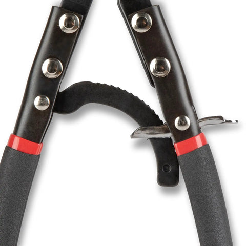 Close-up of Automatic Locking Ratcheting Hose Pinch Off Pliers with no drain system showing locking mechanism and ergonomic handles.