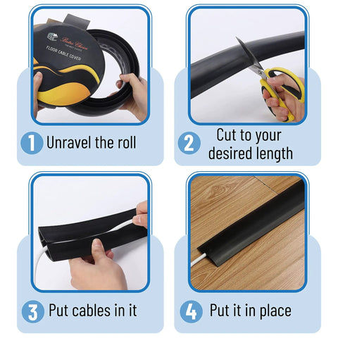 Step-by-step guide to installing 6 Ft Floor Cord Cover Cable Protector for office, home, outdoor use; unroll, cut, insert cables, lay flat.