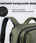 Green Carry On Travel Laptop Backpack For Airlines Personal Item With Shoe Compartment Water Resistant Weekender Overnight Bag That Fits A 17 Inch Laptop Under Seat showcasing breathable honeycomb design on strap.