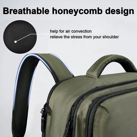 Green Carry On Travel Laptop Backpack For Airlines Personal Item With Shoe Compartment Water Resistant Weekender Overnight Bag That Fits A 17 Inch Laptop Under Seat showcasing breathable honeycomb design on strap.