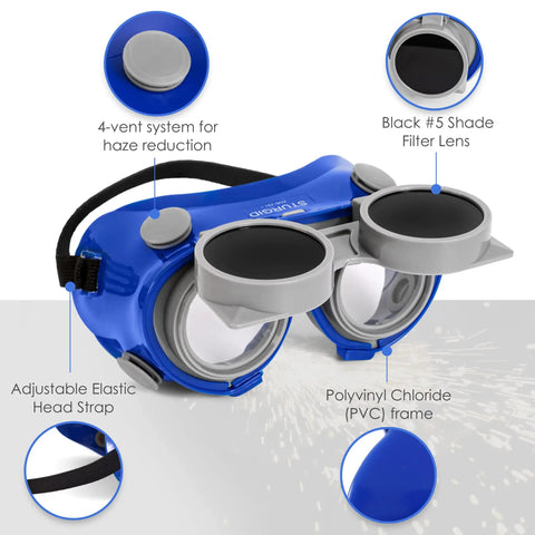 Flip Up Welding Safety Goggles Built For Gas Welding And Plasma Cutting With Shade Five Soft Blue PVC Adjustable Head Strap Four Vent System