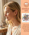 Woman wearing earrings made with 600 Piece Mixed Color Mini Screw Eye Pins For Jewelry Making And DIY Crafts, workspace background.