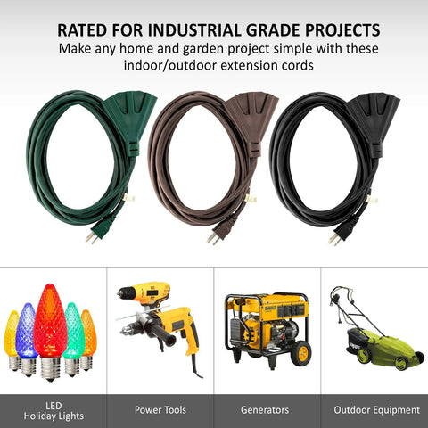 25-Foot Brown Heavy Duty Indoor Outdoor Extension Cord With 3-Prong Splitter for landscaping and holiday displays