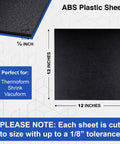 One Quarter Inch Black ABS Plastic Sheet 12 By 12 Inches Textured Matte Finish Heat Moldable Panel For Home Decor, Dope Crafts, Robotics, DIY Projects And Industrial Use Made In USA 6mm Thick. Image shows size and specifications.