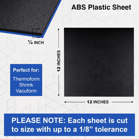 One Quarter Inch Black ABS Plastic Sheet 12 By 12 Inches Textured Matte Finish Heat Moldable Panel For Home Decor, Dope Crafts, Robotics, DIY Projects And Industrial Use Made In USA 6mm Thick. Image shows size and specifications.