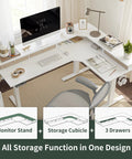 Top view of Premium FEZIBO Triple Motor L Shaped Electric Standing Desk 63 Inches Wide with storage and monitor stand.
