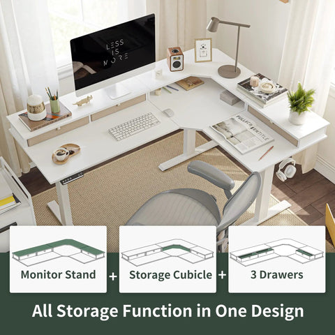 Top view of Premium FEZIBO Triple Motor L Shaped Electric Standing Desk 63 Inches Wide with storage and monitor stand.