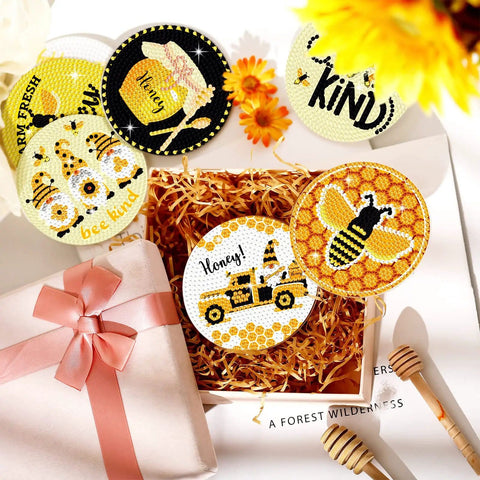 Bee Themed Diamond Painting Coasters Kit With Holder Eight Pattern Coasters Featuring Bee Gnome And Sunflower Designs For Adults DIY Craft Gift Supplies Drill Pen Diamond Tray And Glue Included, showing bee and sunflower designs.