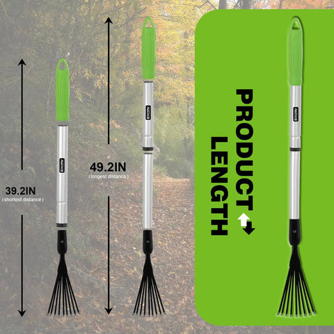 Adjustable Leaf Rake And 9 Tine Cultivator Tool With 49 2 Inch Aluminum Rubber Handle showing extendable pole measurements