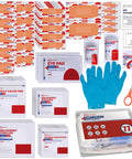 First aid kit refill 77-piece with bandages, sterile gauze pads, eye pads, prep pads, tape, antiseptic towelettes, blue gloves, scissors in a clear plastic case