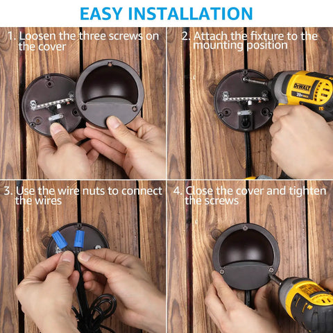 Installation steps for 12 Pack LED Low Voltage Deck Lights With 170 Lumen Output 4 Inch Landscape Step Railing Fence Light