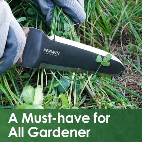 Gardener using Workhorse Hori Hori garden knife for weeding, 7 inch stainless blade, serrated edge, wood handle in vegetation.