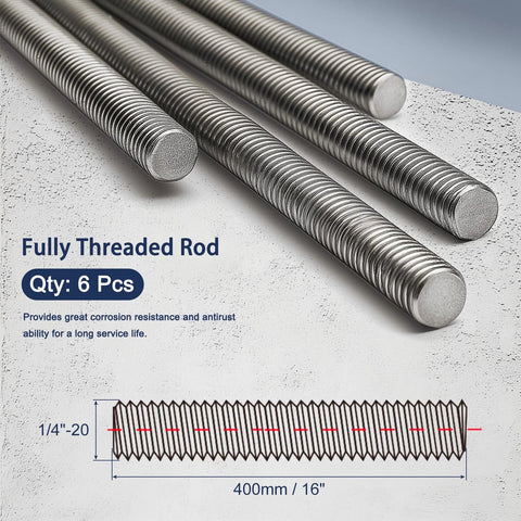 HiPicco 1/4-20 fully threaded stainless steel rod, 16 in long, 304 SS, right-hand thread, 6 pcs (side view)