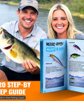 Couple holding bass fish and All In One Fishing Tackle Box With 128 Pieces Lures And Step By Step Handbook open on their lap