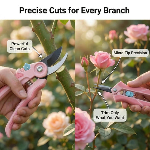 Two Pack Garden Pruning Set With 8 Inch Bypass Pruner And 6.25 Inch Precision Scissors Pink Heavy Duty Garden Clippers in use