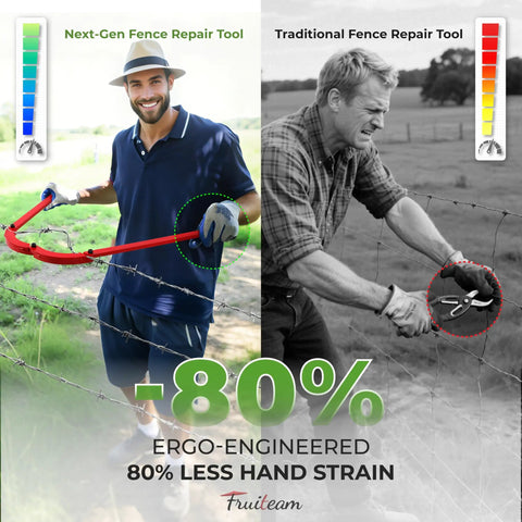 Person using Beefy Heavy Duty Fence Stretcher Fixer And Wire Tightener Tool to repair fence with ergonomic design for less strain.