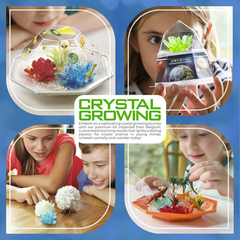 Crystal Growing Science Kit For Kids And Teens, 7 Hands On DIY Lab Experiments With Display Case, STEM Toy shown with kids and crystals