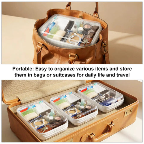 Must Have Clear Hard Shell Zipper Case Three Pack Large 9.84 Inches By 7.87 Inches By 2 Inches Waterproof Storage Pouches for organizing small items in a suitcase