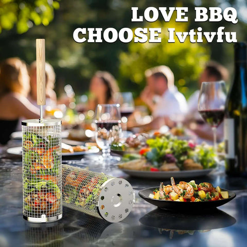 Rollin Grill Basket with removable beech wood handle at outdoor BBQ, perfect for veggies and meat lovers, backyard cookout essential.