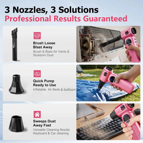 Powerful Cordless Air Duster in Pink with Rechargeable 8000mAh Battery and Adjustable Speed LED Light 150000 RPM, 3 nozzle uses