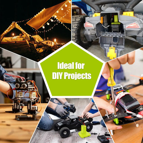 Collage showing DIY projects with Beefed-Up 18V Power Wheel Adapter With 30A Fuse And Silicone Copper Wiring, 14 Gauge Terminals.