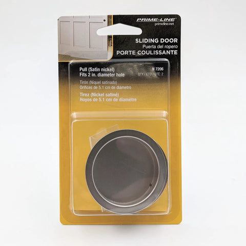 Packaging of Two Inch Satin Nickel Closet Door Finger Pulls Set of 2 with Stamped Steel Construction and Satin Nickel Plated Finish.