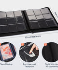 Open Dope 252 Slot Toploader Binder with clear nine-pocket pages showing measurements and features like PVC-free and tight stitching.