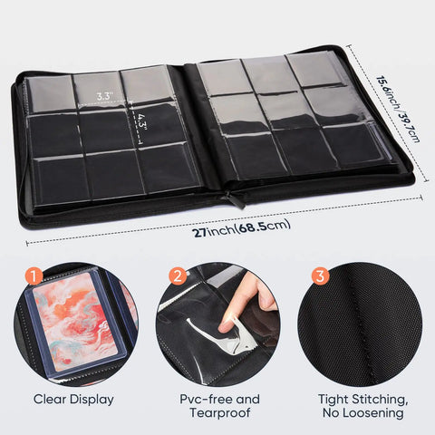 Open Dope 252 Slot Toploader Binder with clear nine-pocket pages showing measurements and features like PVC-free and tight stitching.